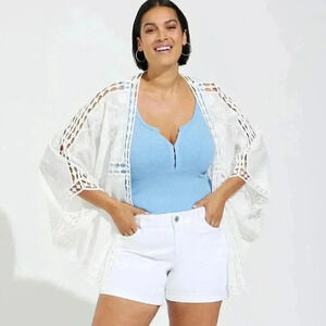 Torrid Women White Crochet Lace Inset Kimono  1X-2X/14-20 Short Sleeve Open Boho